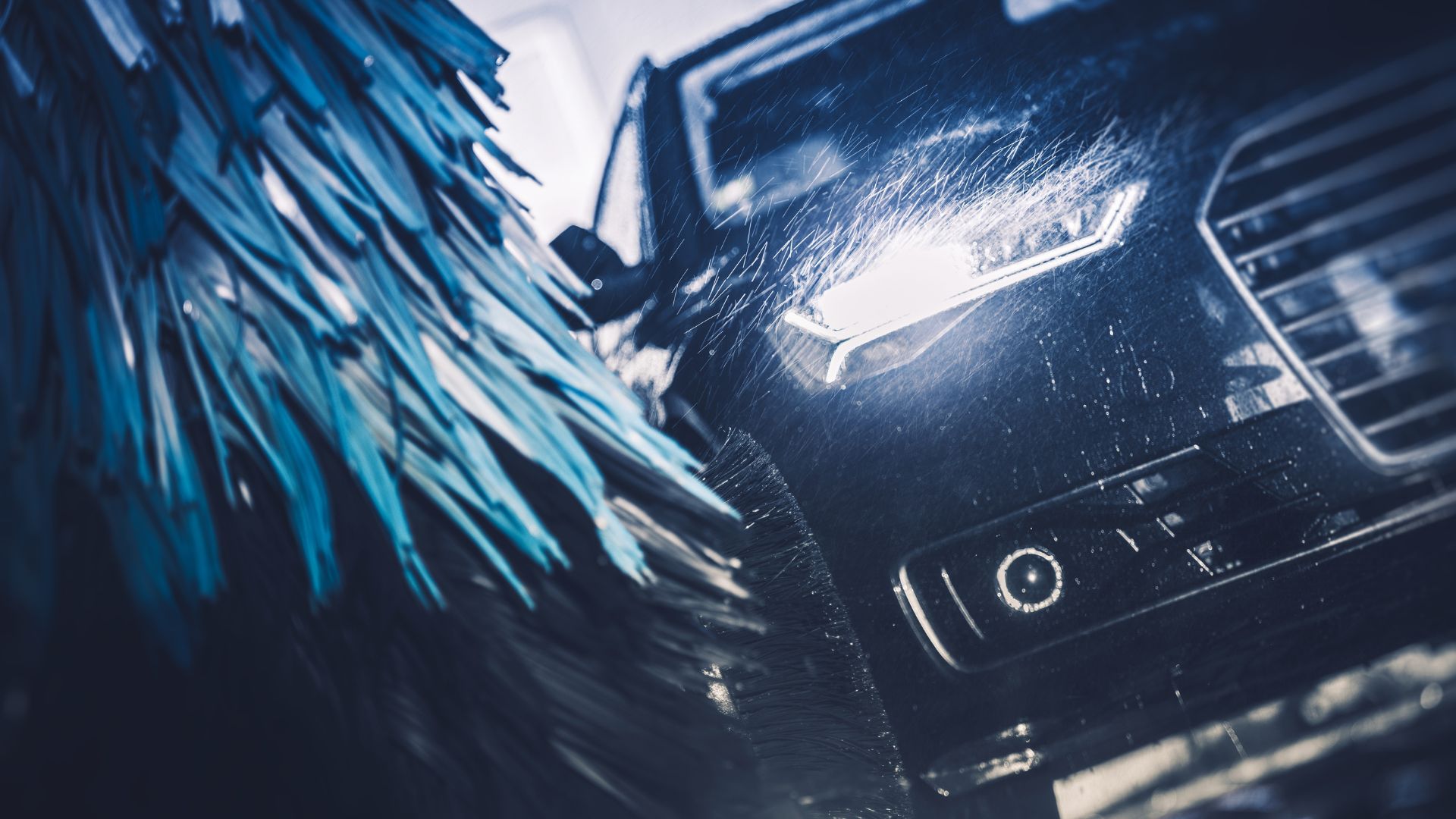 Car wash with blurred blue brushes and wet vehicle surface